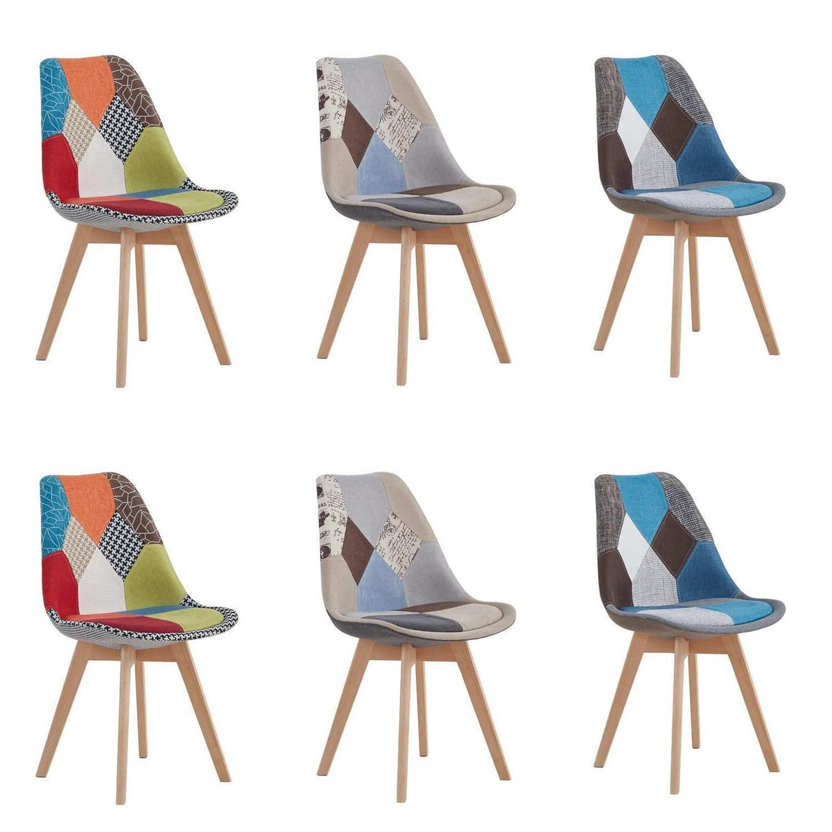 Patchwork Esszimmerstühle Set (Braun+Blau+Rot) mit Kissen