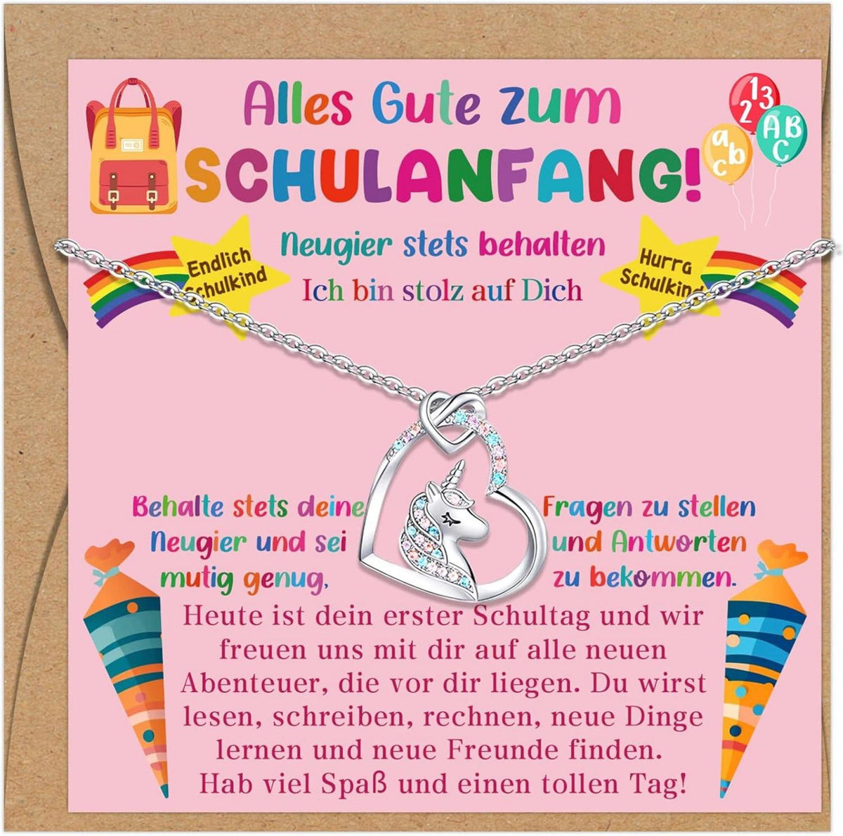Einhorn Kette Mädchen Geschenke zur Einschulung mit Karte und