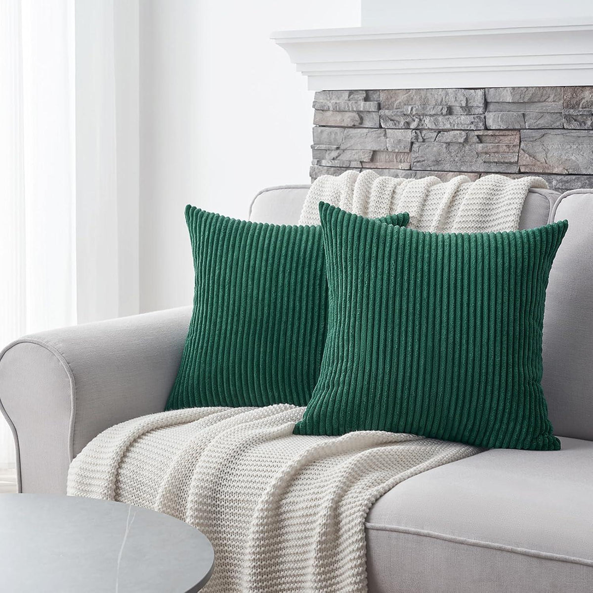 Topfinel Kissenbezüge 40x40 2er Set dunkelgrün gestreiftes Muster Kordsamt Sofa Couch Wohnzimmer