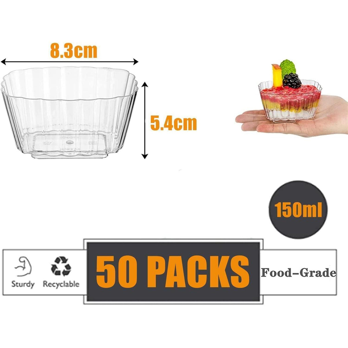50x Dessertbecher 150ml Quadratisch Transparent Wiederverwendbar