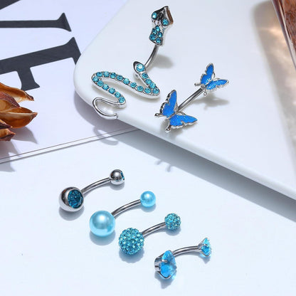 10er Set Bauchnabelpiercings mit Schmetterling und Schlange, Rosa Blau