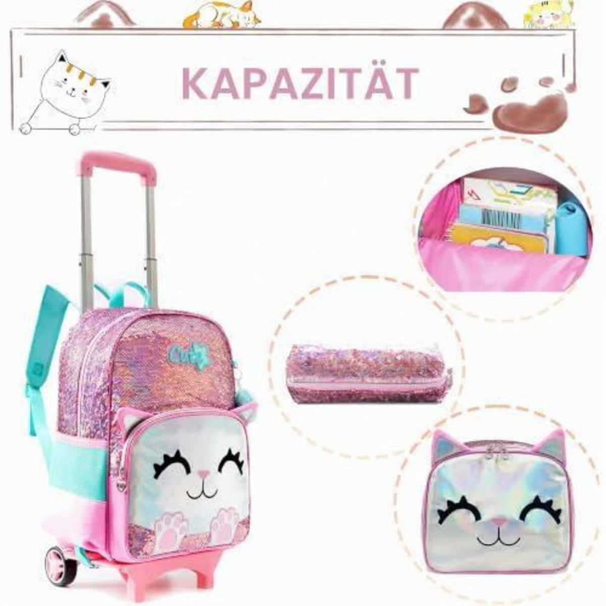 Trolley Schulranzen Mädchen Rosa Panda mit Lunchtasche & Federmäppchen