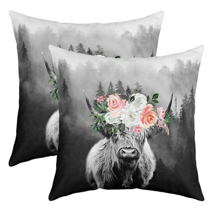Hochland Kuh Kissenbezüge 2er Set 45x45cm - Floral & Umkehrbar