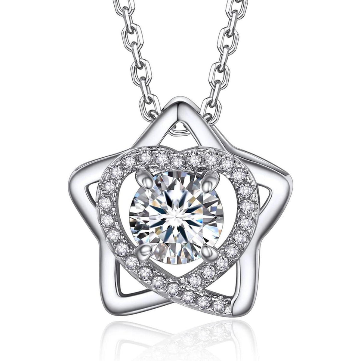 Moissanite Halskette Damen Silber 925 mit Herz & Stern Anhänger