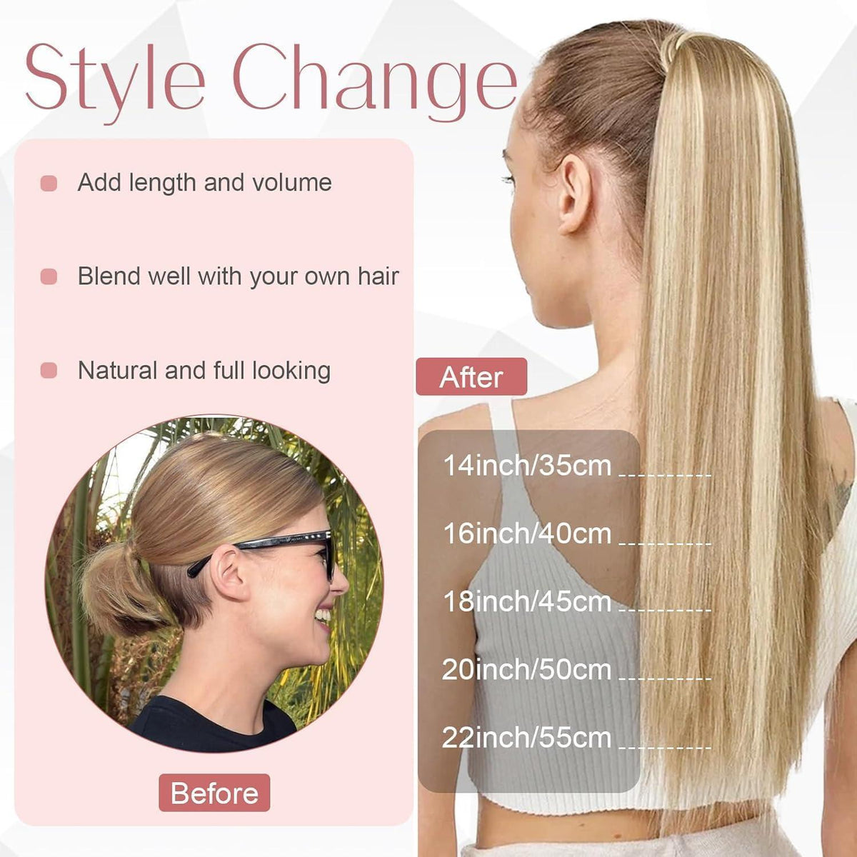 Echthaar Pferdeschwanzverlängerung 55cm #18/613 Aschblond
