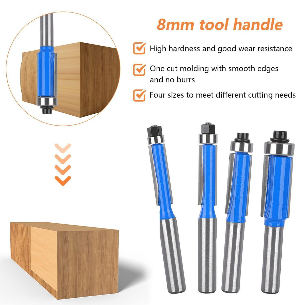 4er Bündigfräser Set 8mm Schaft mit Lagern für Holzbearbeitung
