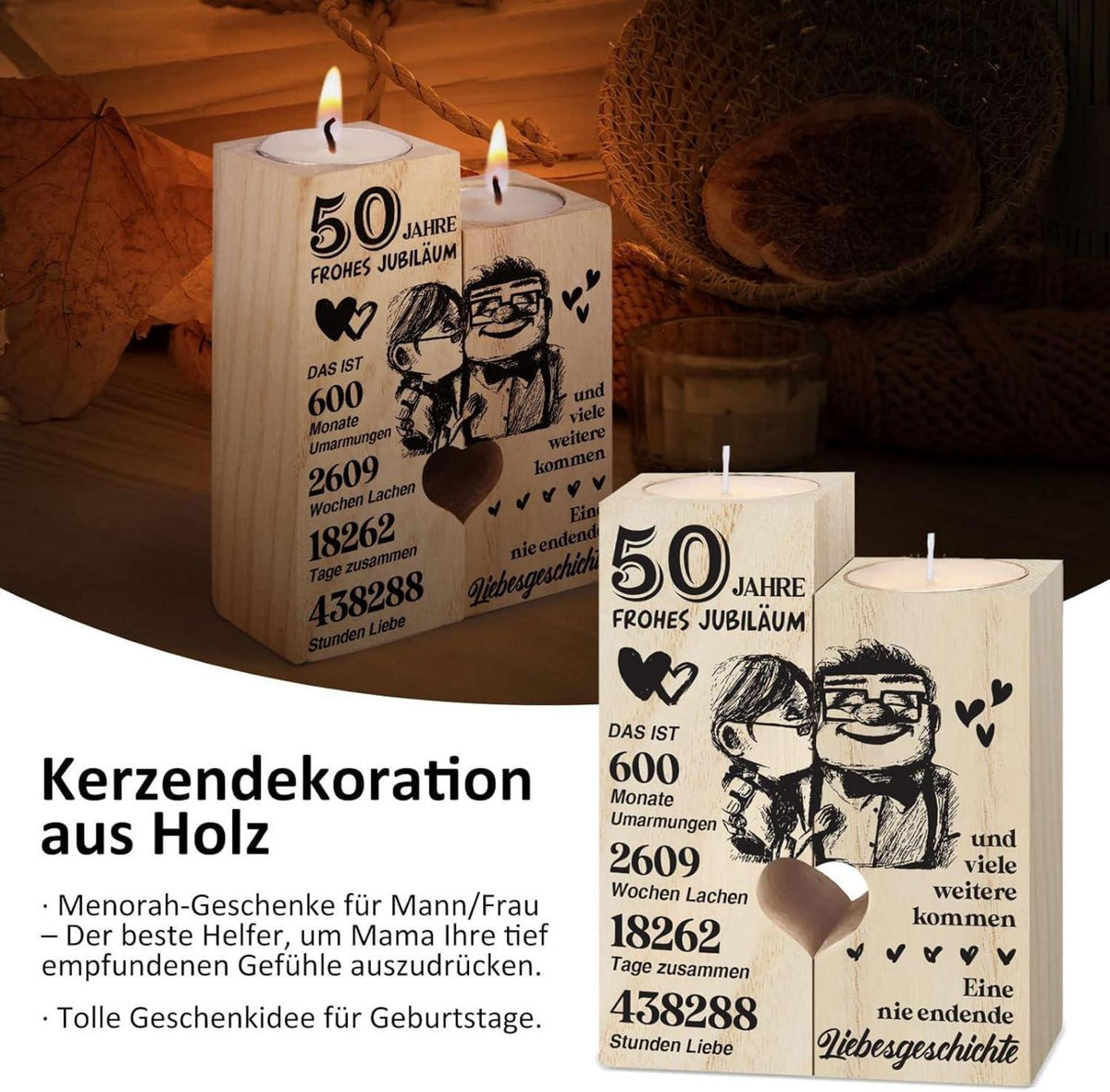 Goldene Hochzeit 50. Jahrestag Kerzenständer Holz Deko Paare