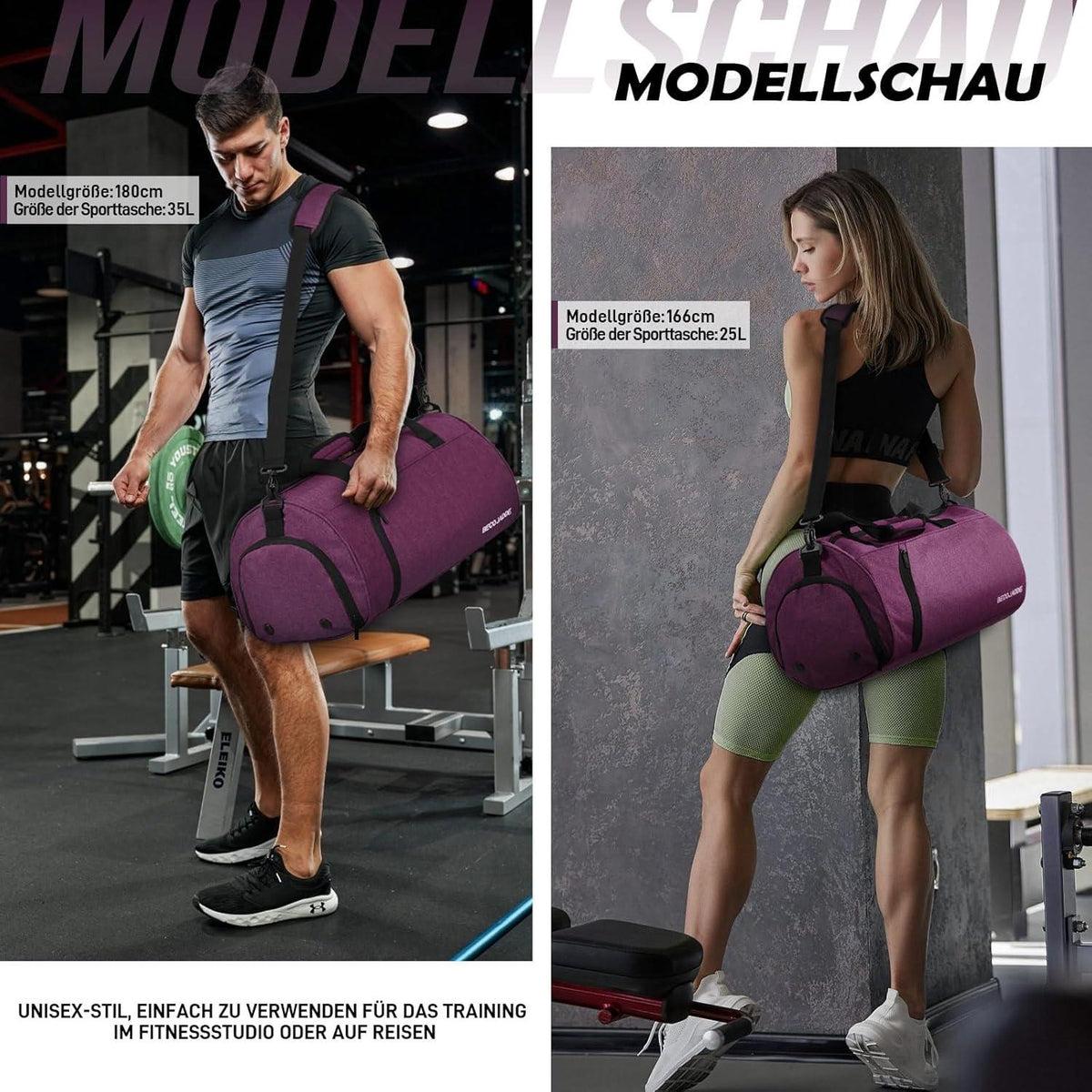 Sporttasche 35L Reisetasche Duffel Bag mit Schuhfach Nassfach in Lila