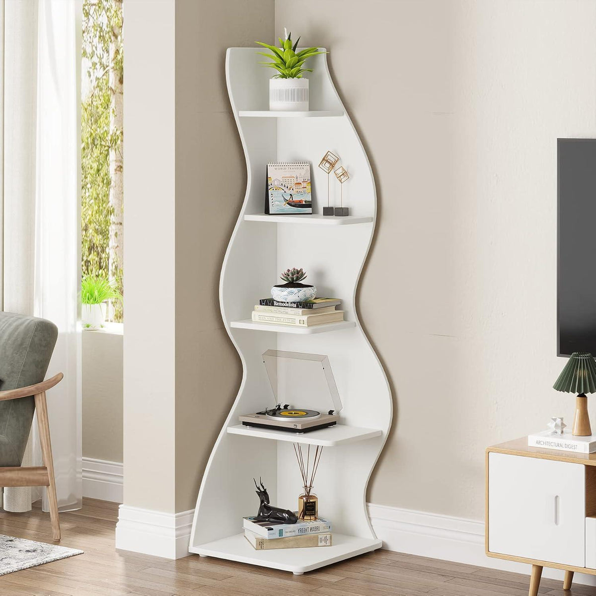 5-stufiges Eckregal weiß – Bücherregal & Pflanzenständer