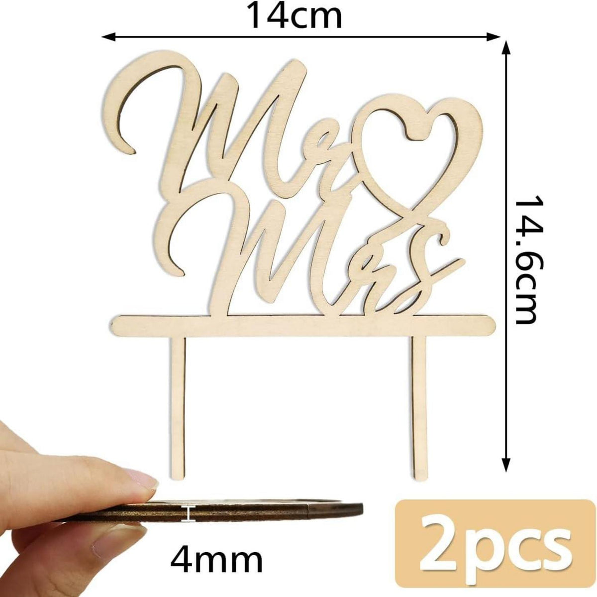 2er Set Holz Cake Topper Hochzeit Mr Mrs Herz Deko 14x14,6cm
