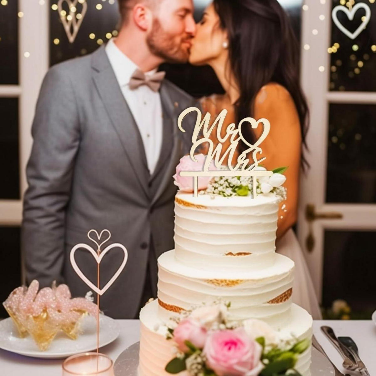 2 Stück Cake Topper Hochzeit aus Holz Mr Mrs Deko Tortendeko Hölzerne
