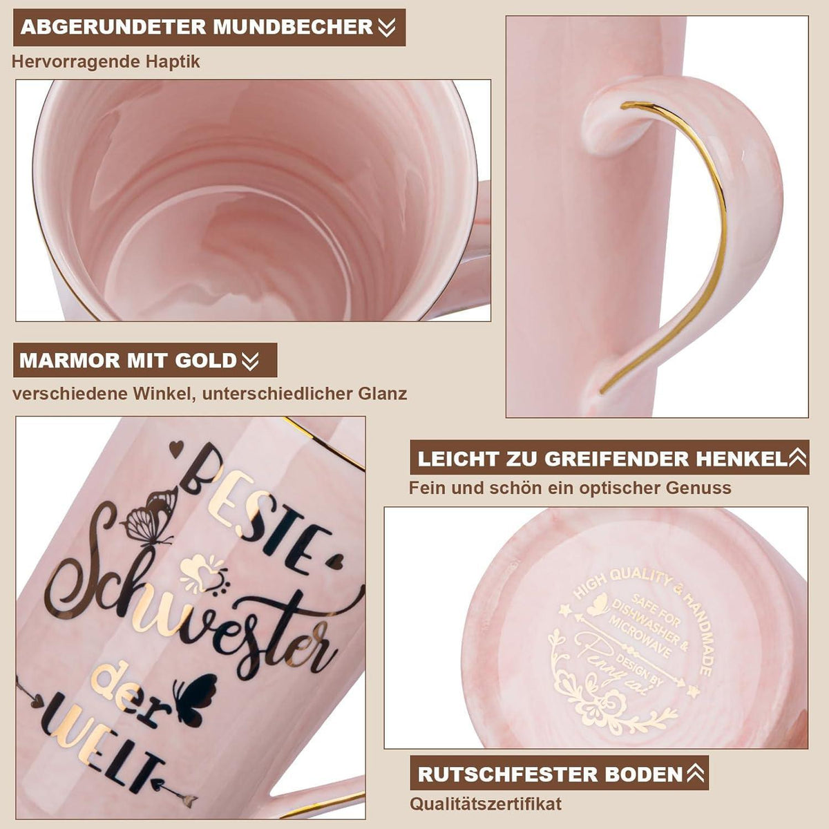 Rosa Marmor Kaffeetasse für die beste Schwester mit Golddruck