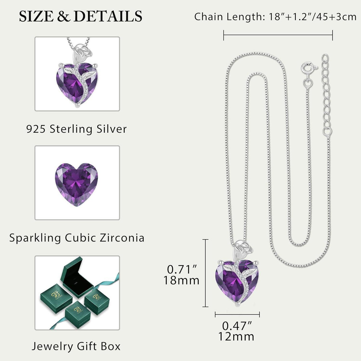 Sterling Silber Kette mit Amethyst Geburtsstein und Rosenanhänger