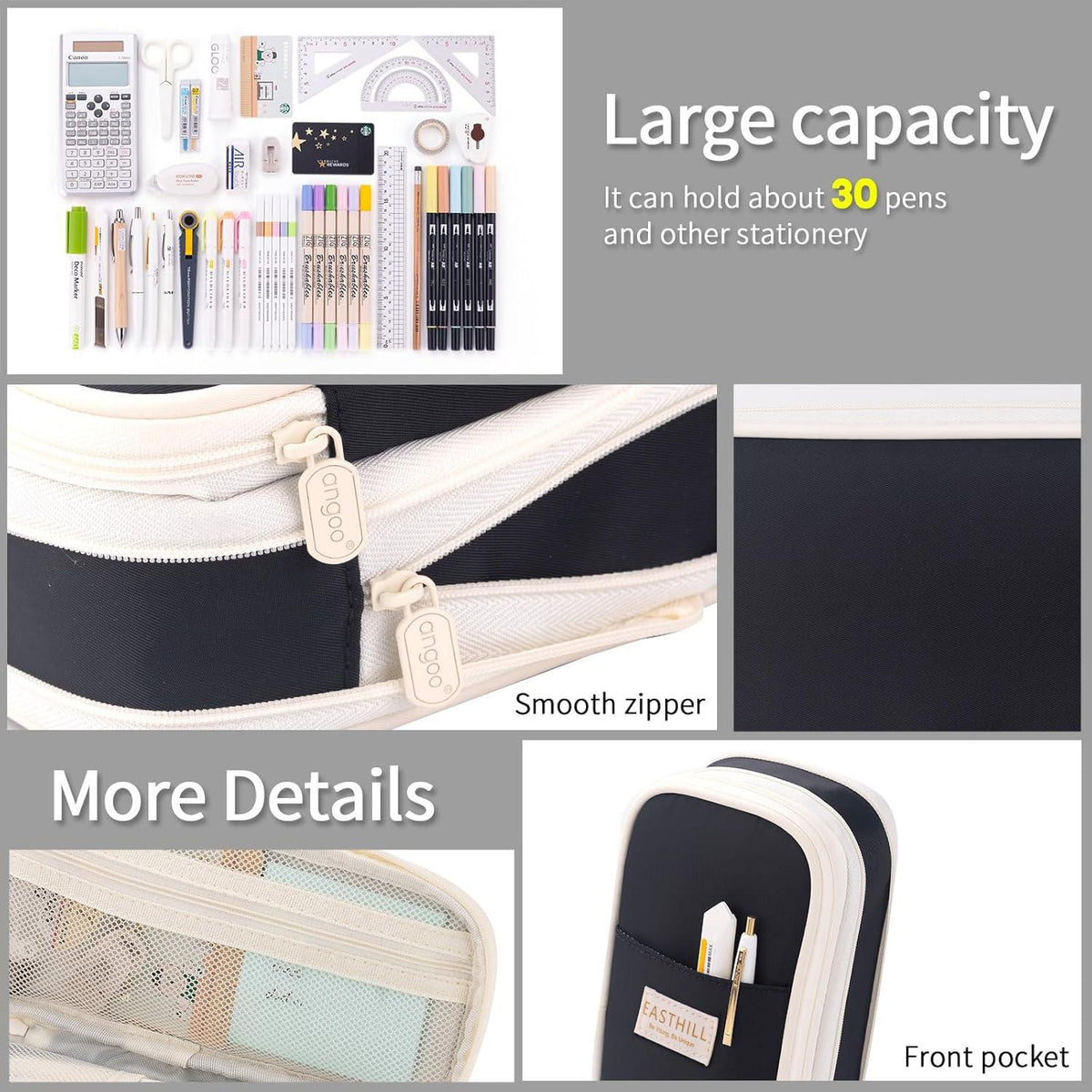 Großes Kapazitäts Pencil Case für Teen Girls, Schwarz, Polyester, Reißverschluss