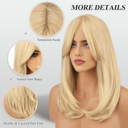 Langhaar Perücke mit Pony, Blond Synthetik Haar Perücke