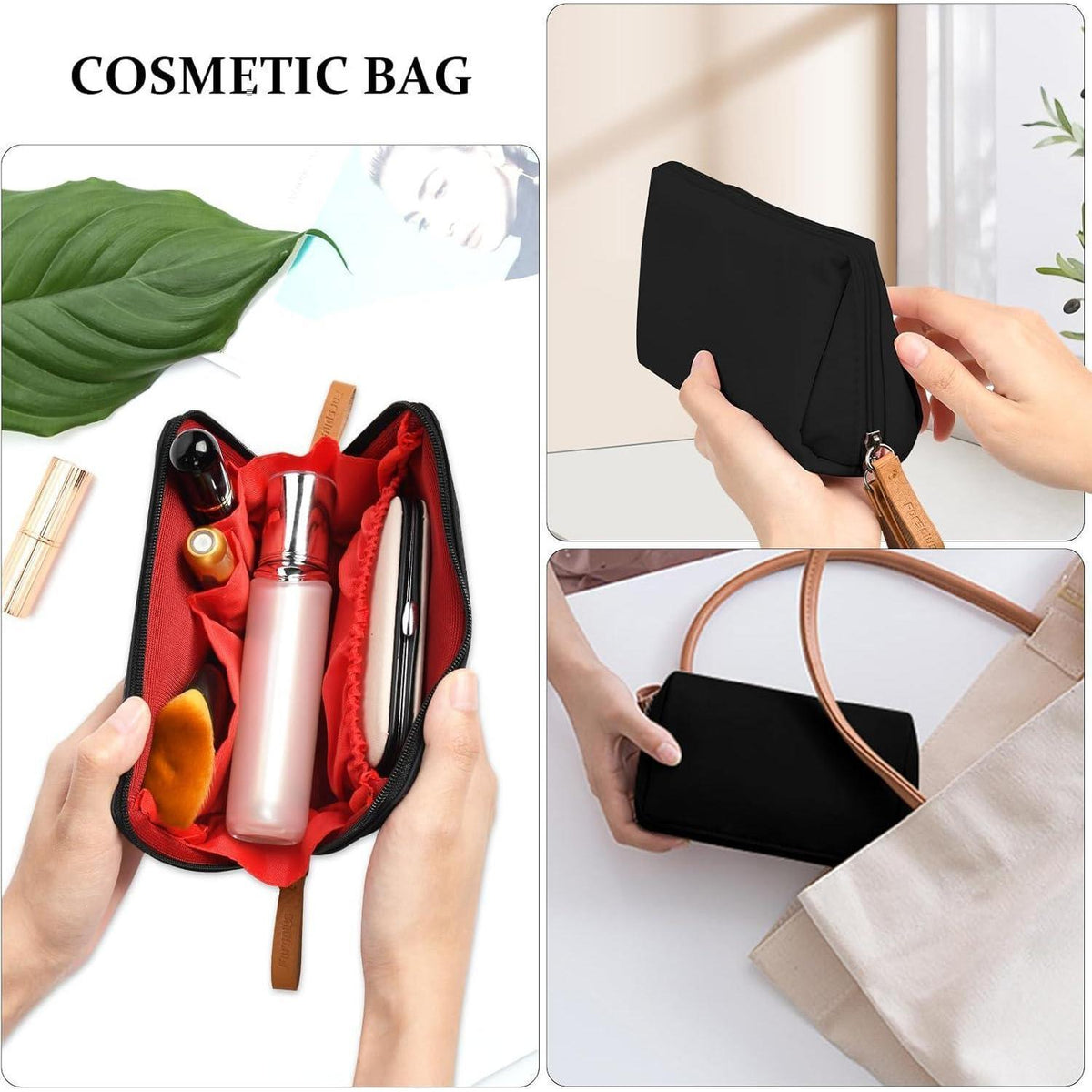 Kosmetiktasche mit Trennwand, 2er Set, Mini Reise Kulturbeutel, Schwarz & Rosa