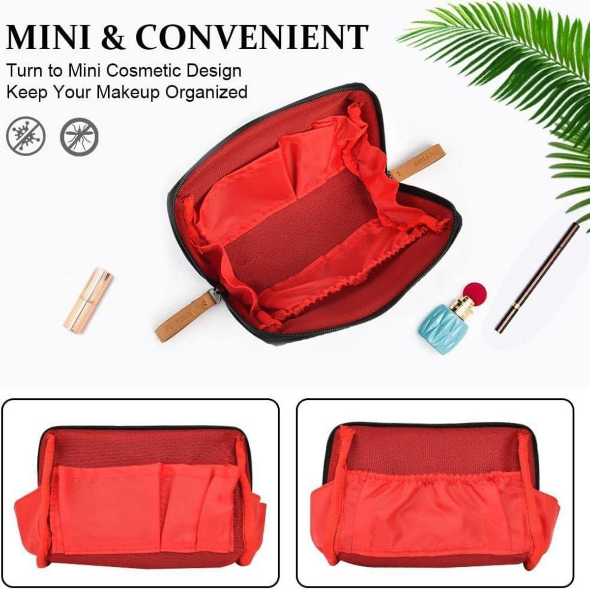 Kosmetiktasche mit Trennwand, 2er Set, Mini Reise Kulturbeutel, Schwarz & Rosa