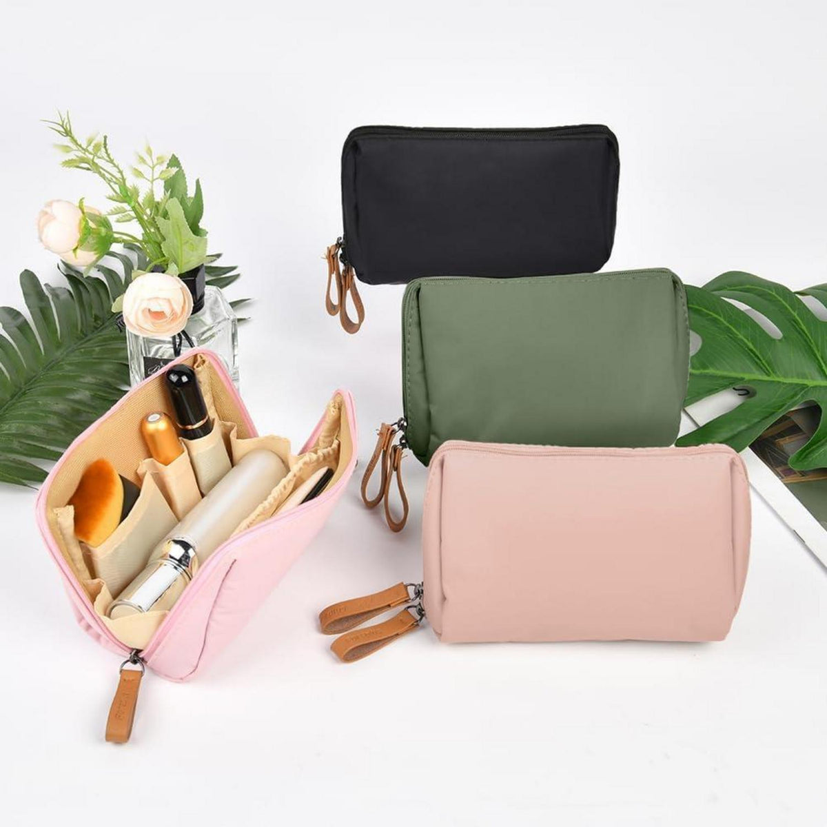 Kosmetiktasche mit Trennwand, 2er Set, Mini Reise Kulturbeutel, Schwarz & Rosa