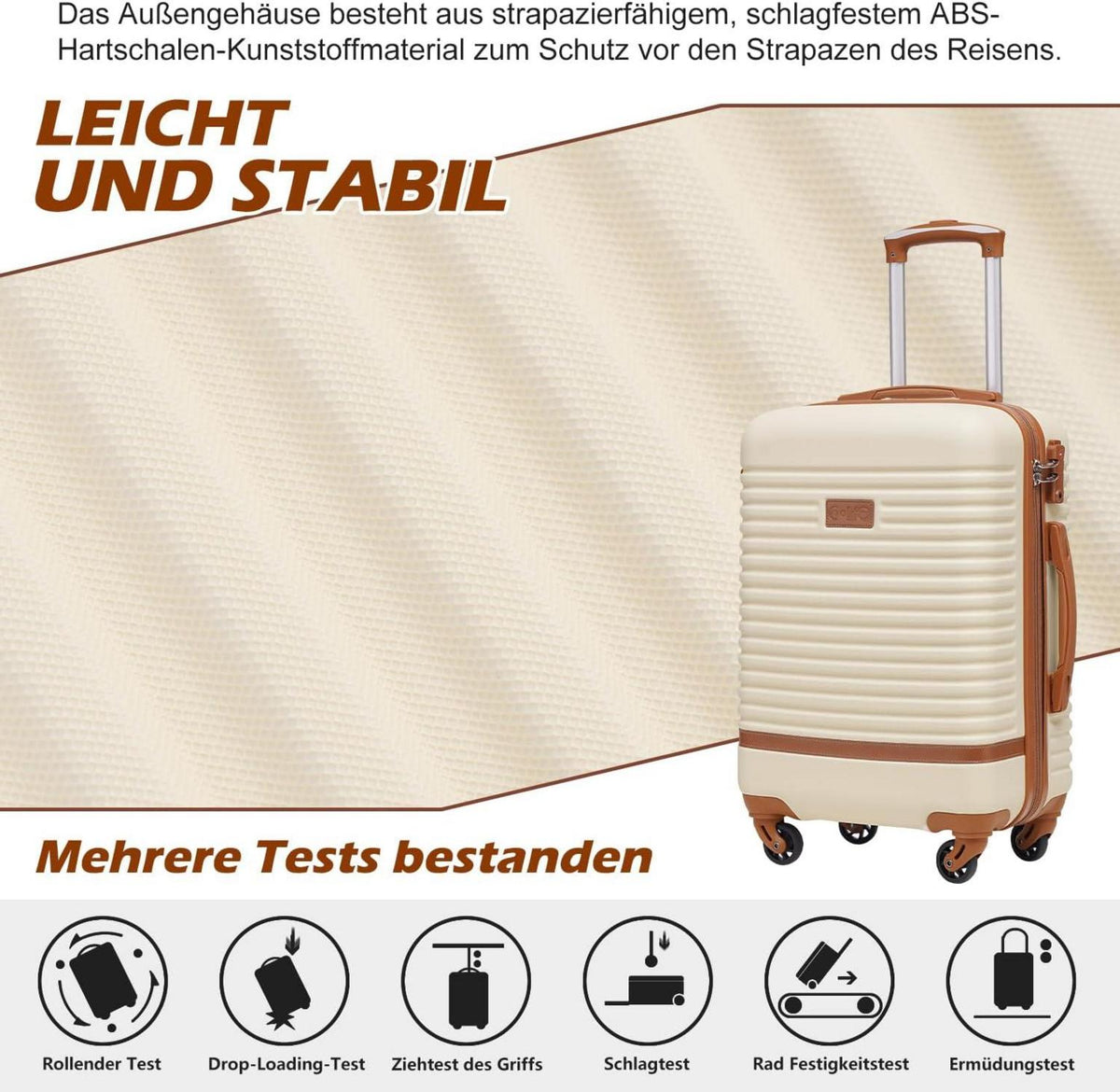 COOLIFE Koffer-Set 5tlg ABS Hartschale 4 Rollen TSA-Schloss Weiß/Braun