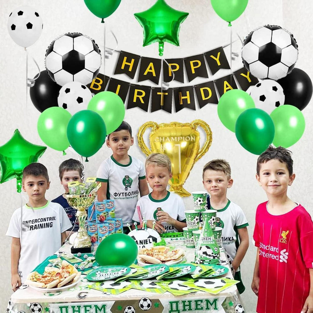 Fußball Party Dekoration 9 Jahre Trophäe Ballons Grün Schwarz