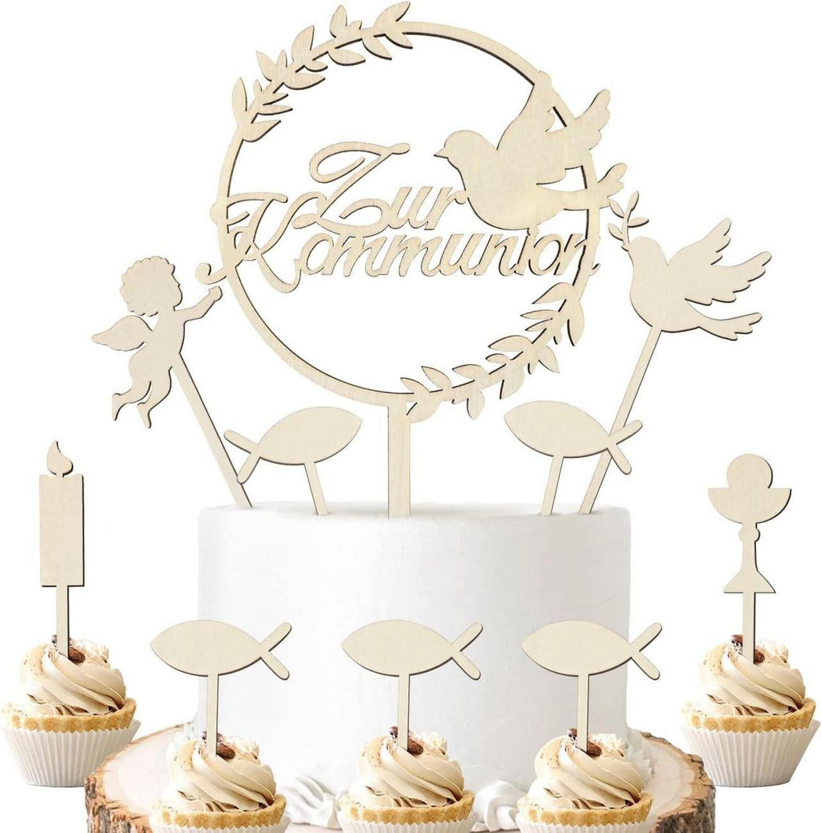 Holz Tortendeko Kommunion Cake Topper Taube Fisch Junge Mädchen