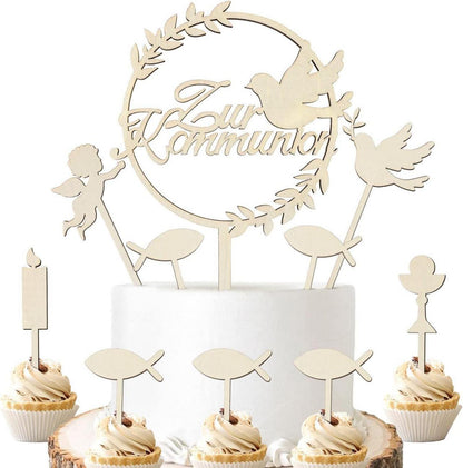 Holz Tortendeko Kommunion Cake Topper Taube Fisch Junge Mädchen