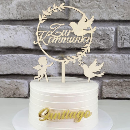 Holz Tortendeko Kommunion Cake Topper Taube Fisch Junge Mädchen