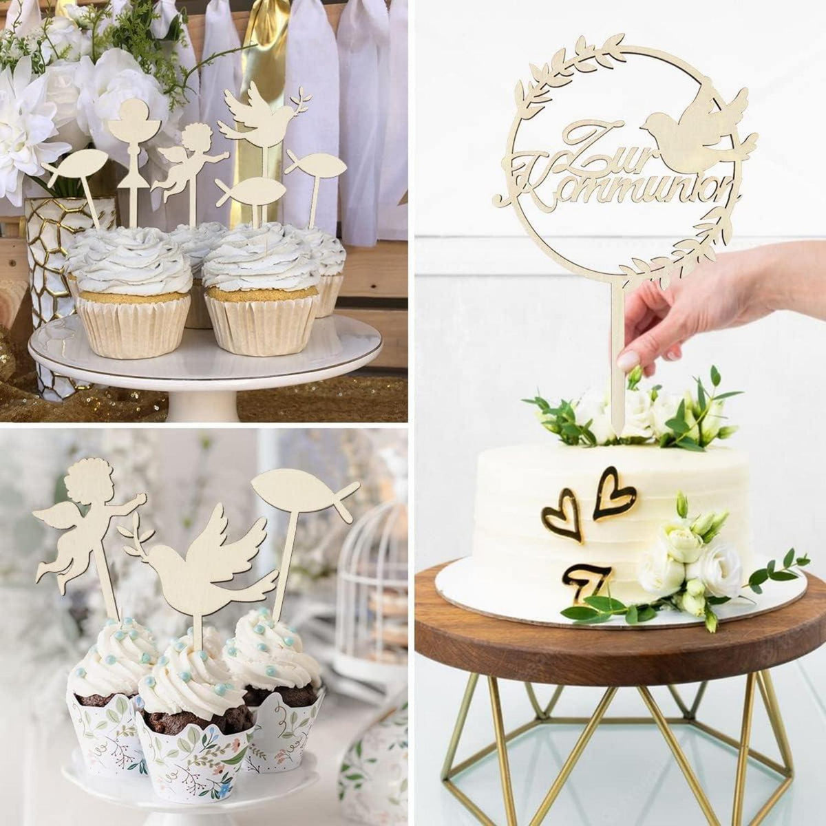 Kommunion Tortendeko Holz Cake Topper Taube Fisch Mädchen Junge