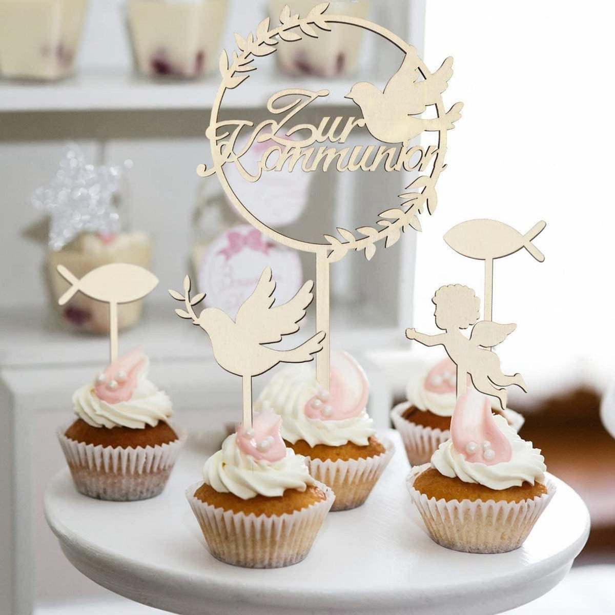 Tortendeko Kommunion Holz Taube Fisch Konfirmation Cake Topper 10er