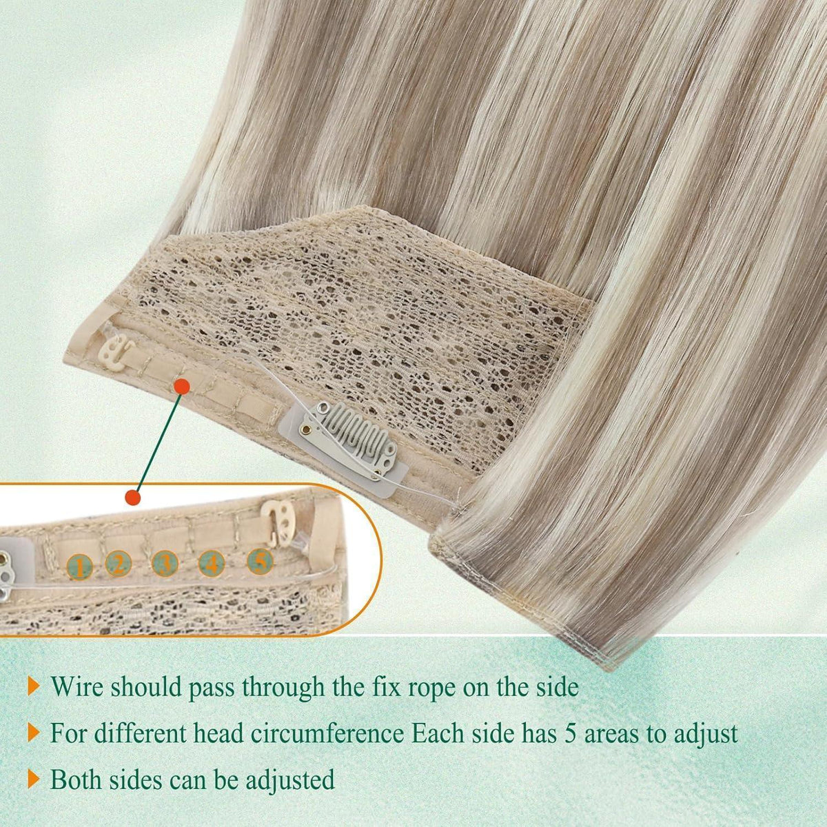 Echthaar Wire Extension Braun Aschblond Platinblond 40cm