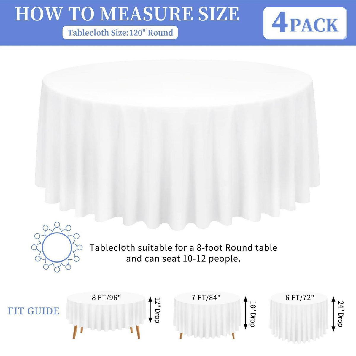 4x Runde Tischdecke Weiß 300cm – Polyester, Knitterfrei