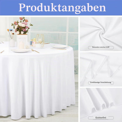 4x Runde Tischdecke Weiß 300cm – Polyester, Knitterfrei