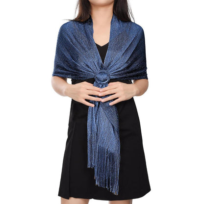 Festliche Damenstola mit Glitzer & Quasten – Marineblau