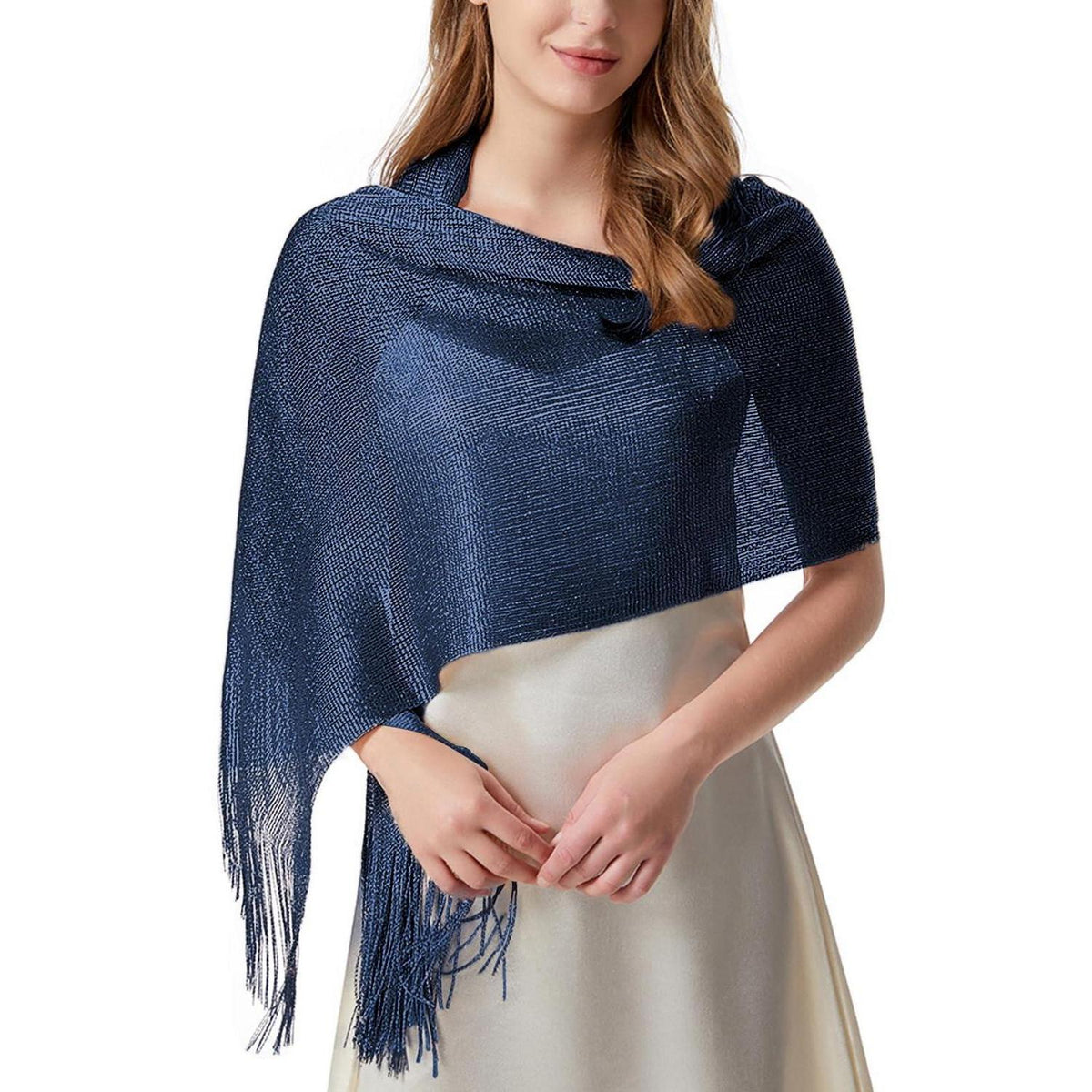 Festliche Damenstola mit Glitzer & Quasten – Marineblau