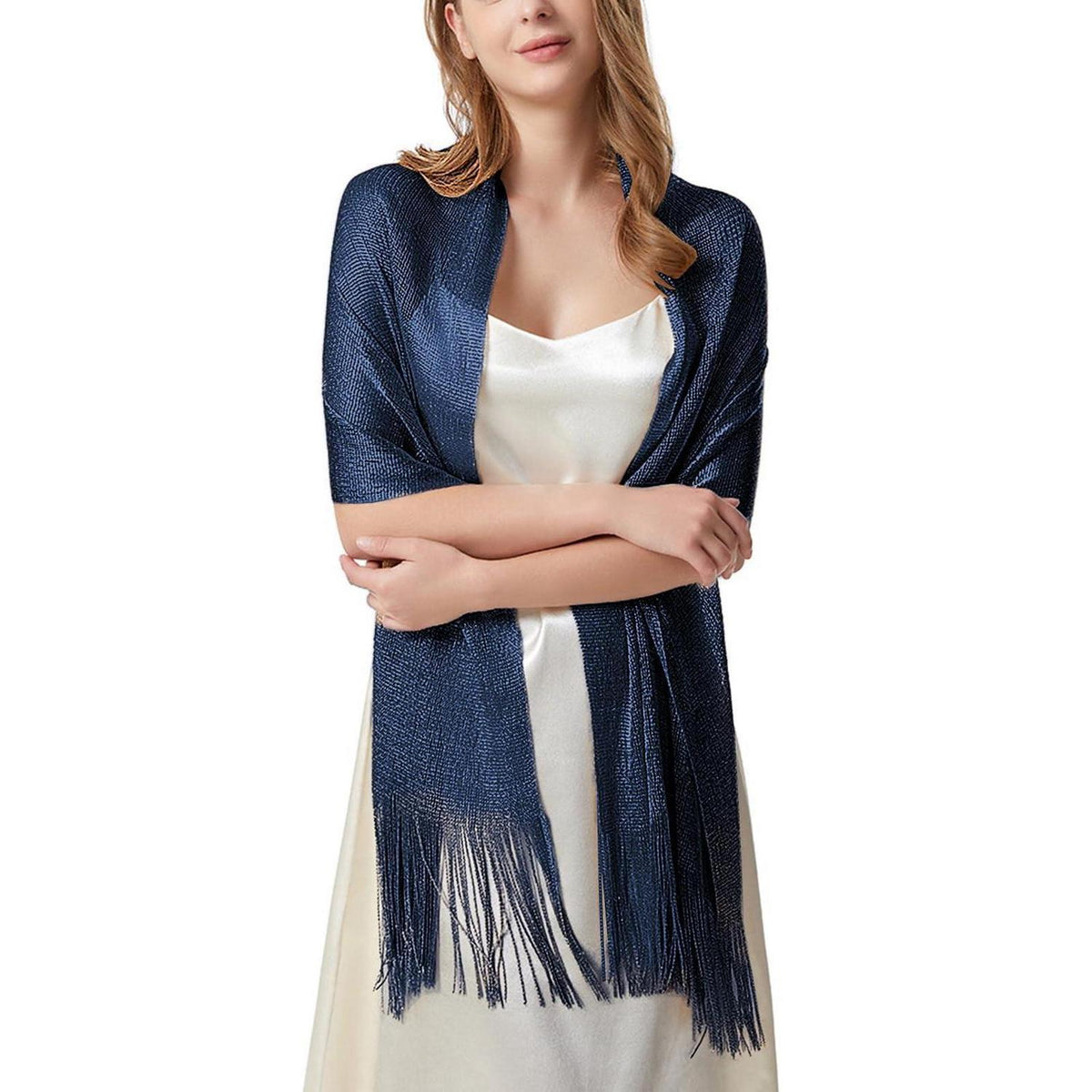 Festliche Damenstola mit Glitzer & Quasten – Marineblau