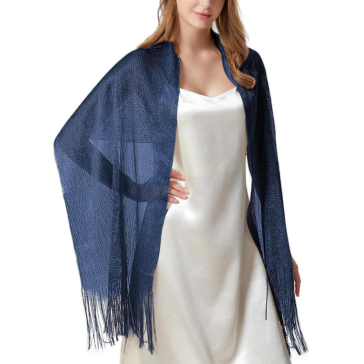 Festliche Damenstola mit Glitzer & Quasten – Marineblau