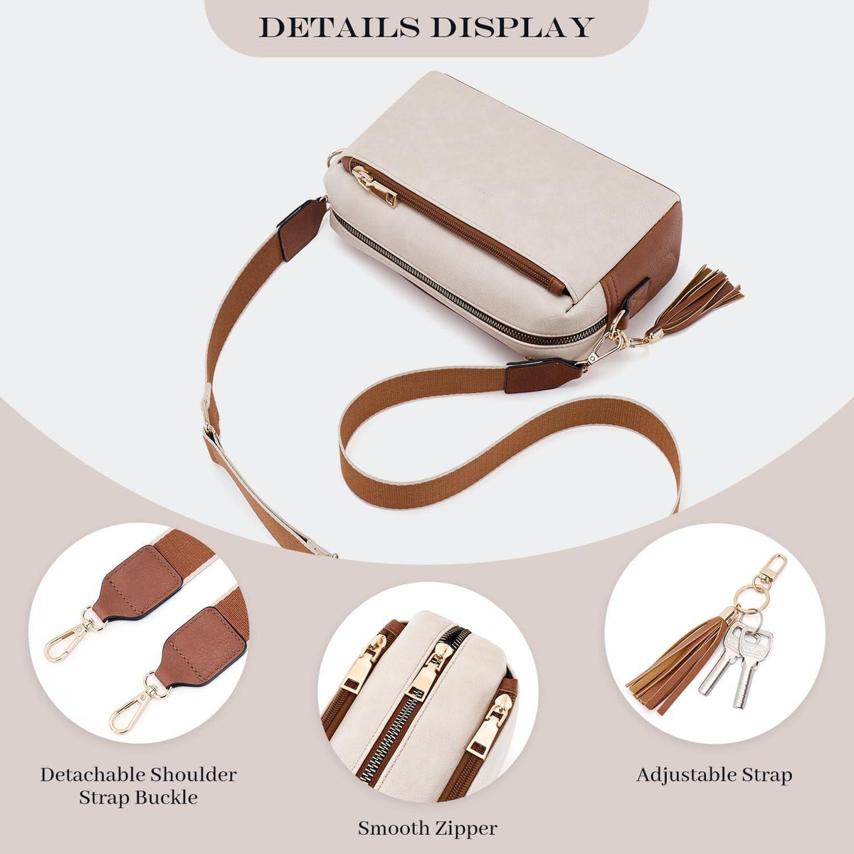 Damen Umhängetasche Vegan Leder Crossbody 3 Reißverschlussfächer Beige-Braun