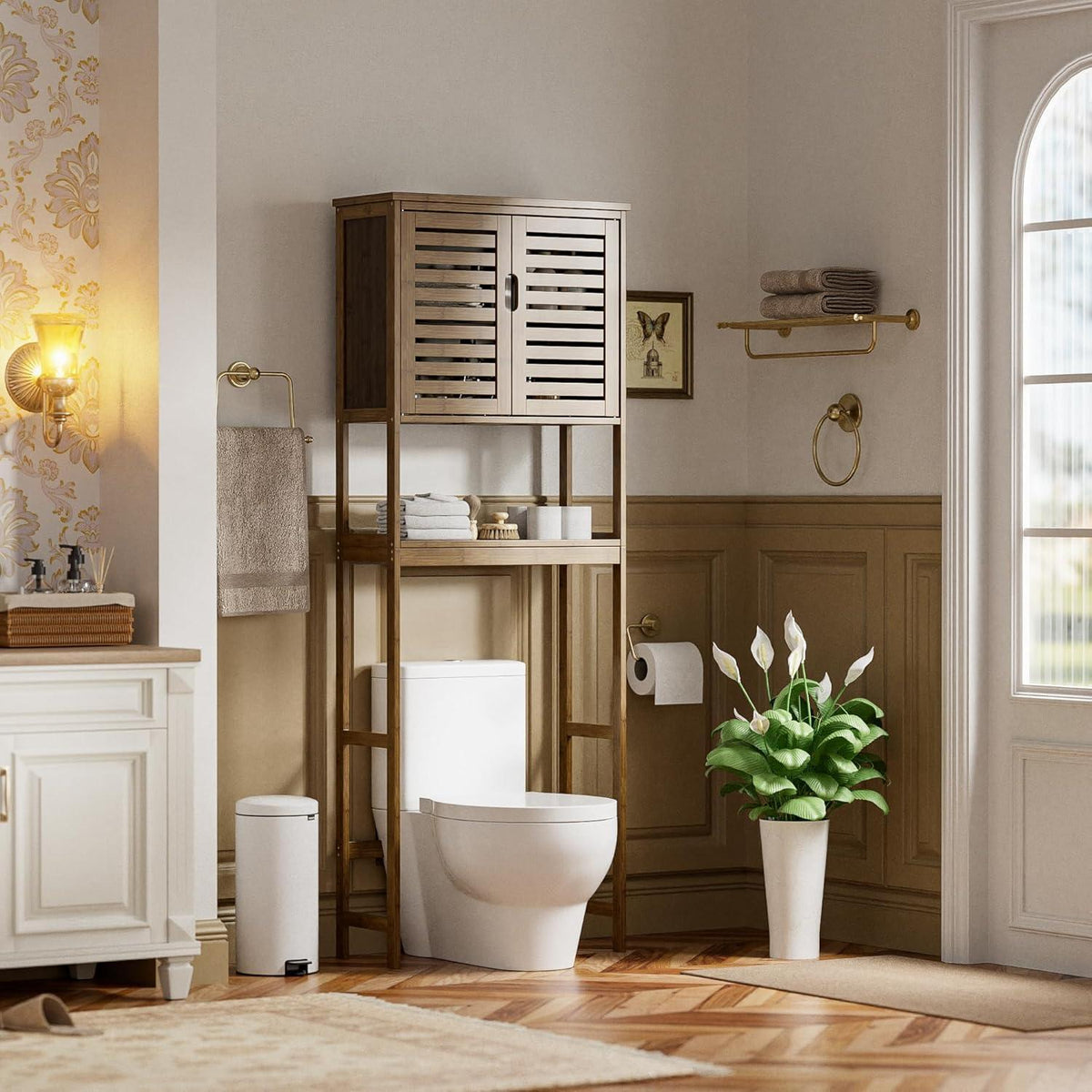 Bambus Toilettenregal mit Schrank & 3 verstellbaren Regalen