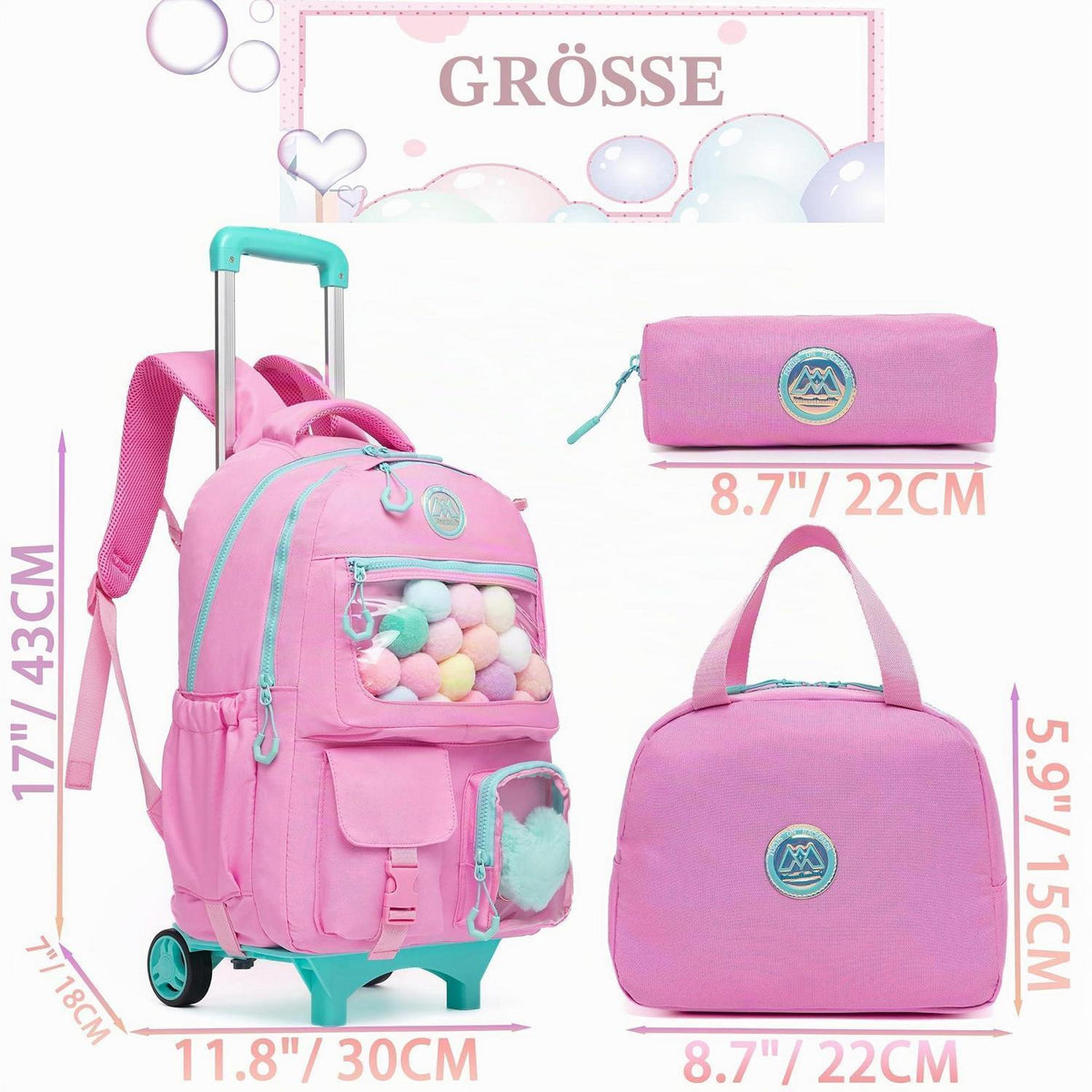 Kinder Trolley Rucksack Rosa – Schulrucksack mit Rollen & Zubehör