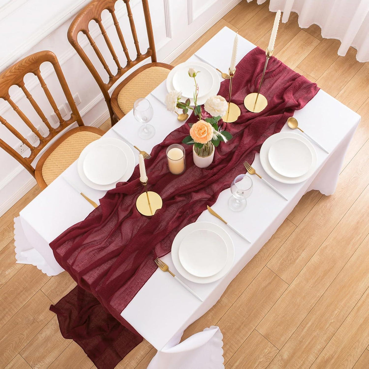 Tischläufer Musselin Bordeaux Rot 80x300cm Waschbar & Wiederverwendbar