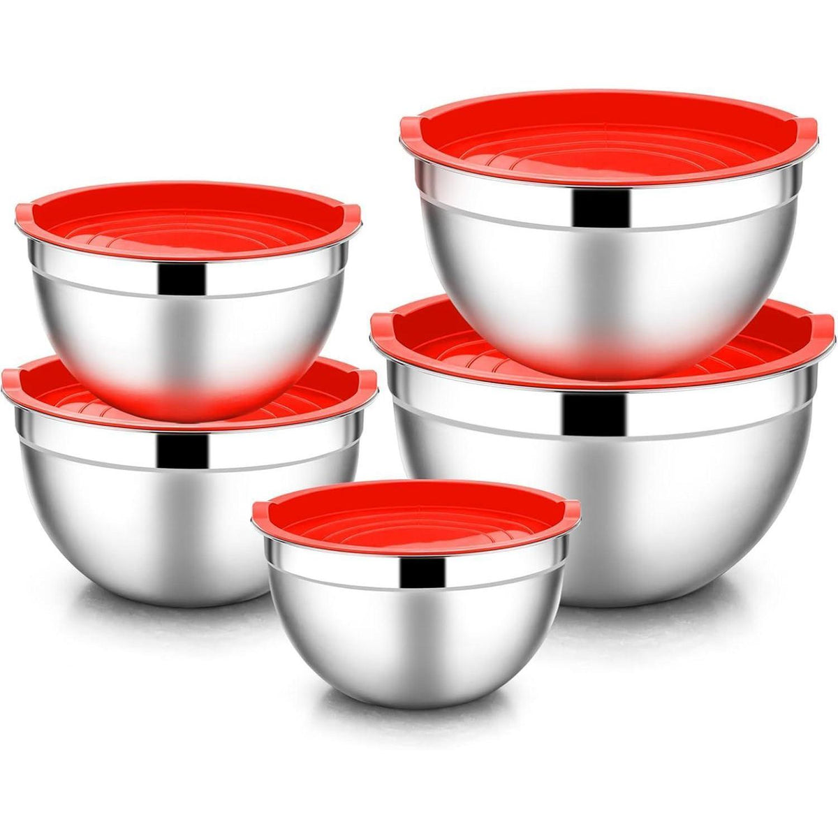 Edelstahl Rührschüssel Set mit Deckel, 5er Set, Rot