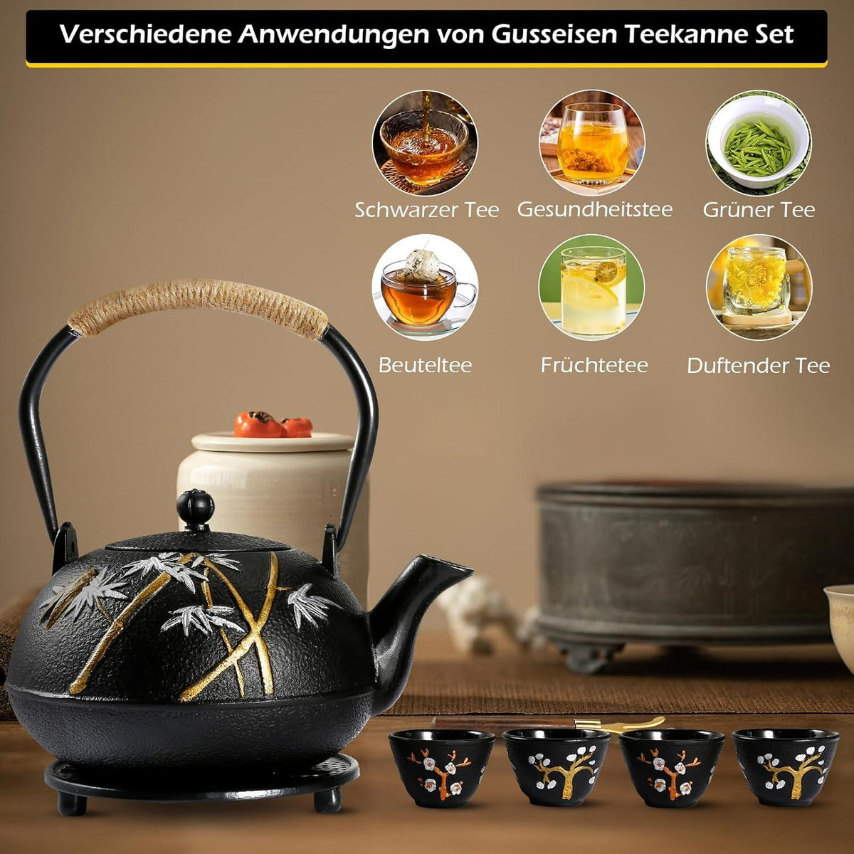 Teekanne Gusseisen Set Japanische Liter Teebecher Basis Sieb Holzgriff