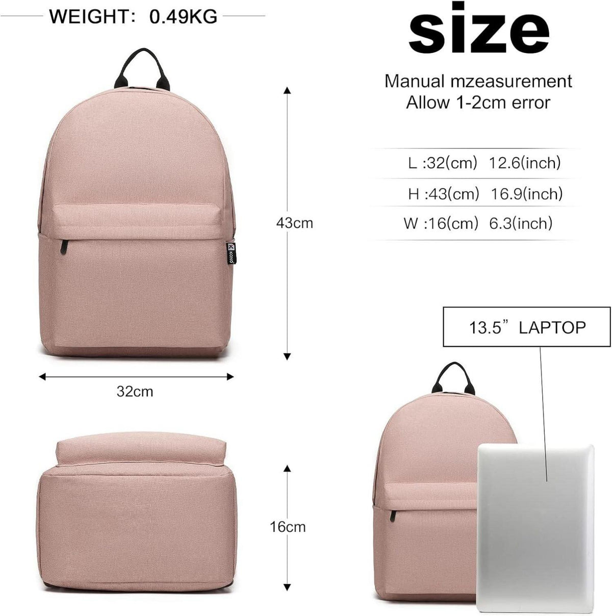 Leichter Schulrucksack für Laptop 15,4 Zoll Rosa