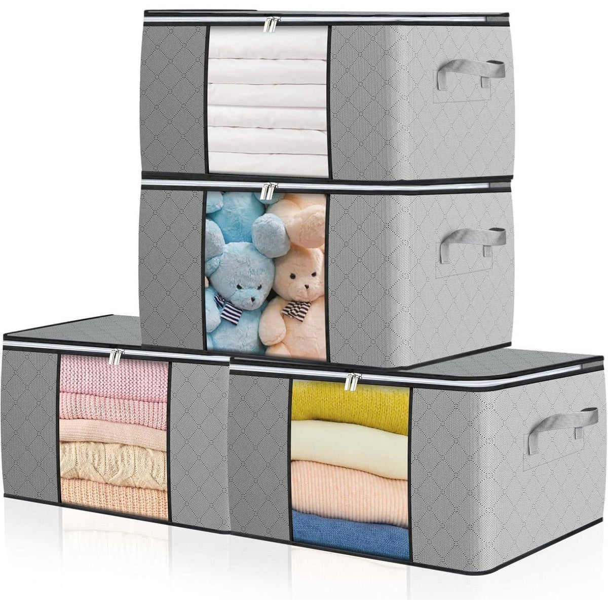 Aufbewahrungstaschen 4er Set 90L mit Fenster & Griffen, Grau