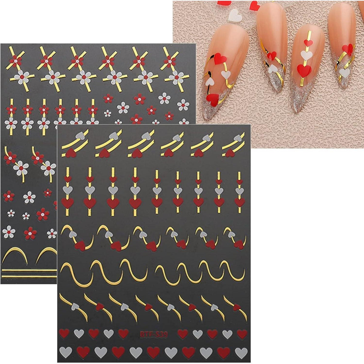 Nagelsticker Herz Linien Blumen – 9 Blatt Nail Art Aufkleber