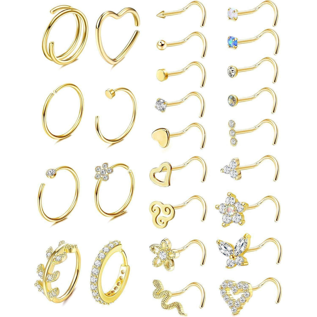 Nasenpiercing Set 26tlg. Chirurgenstahl mit Zirkonia, Gold & Silber