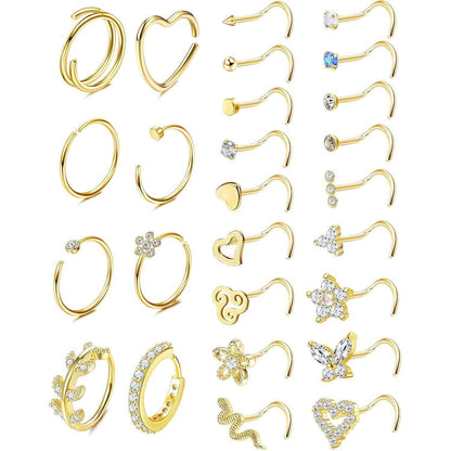 Nasenpiercing Set 26tlg. Chirurgenstahl mit Zirkonia, Gold & Silber
