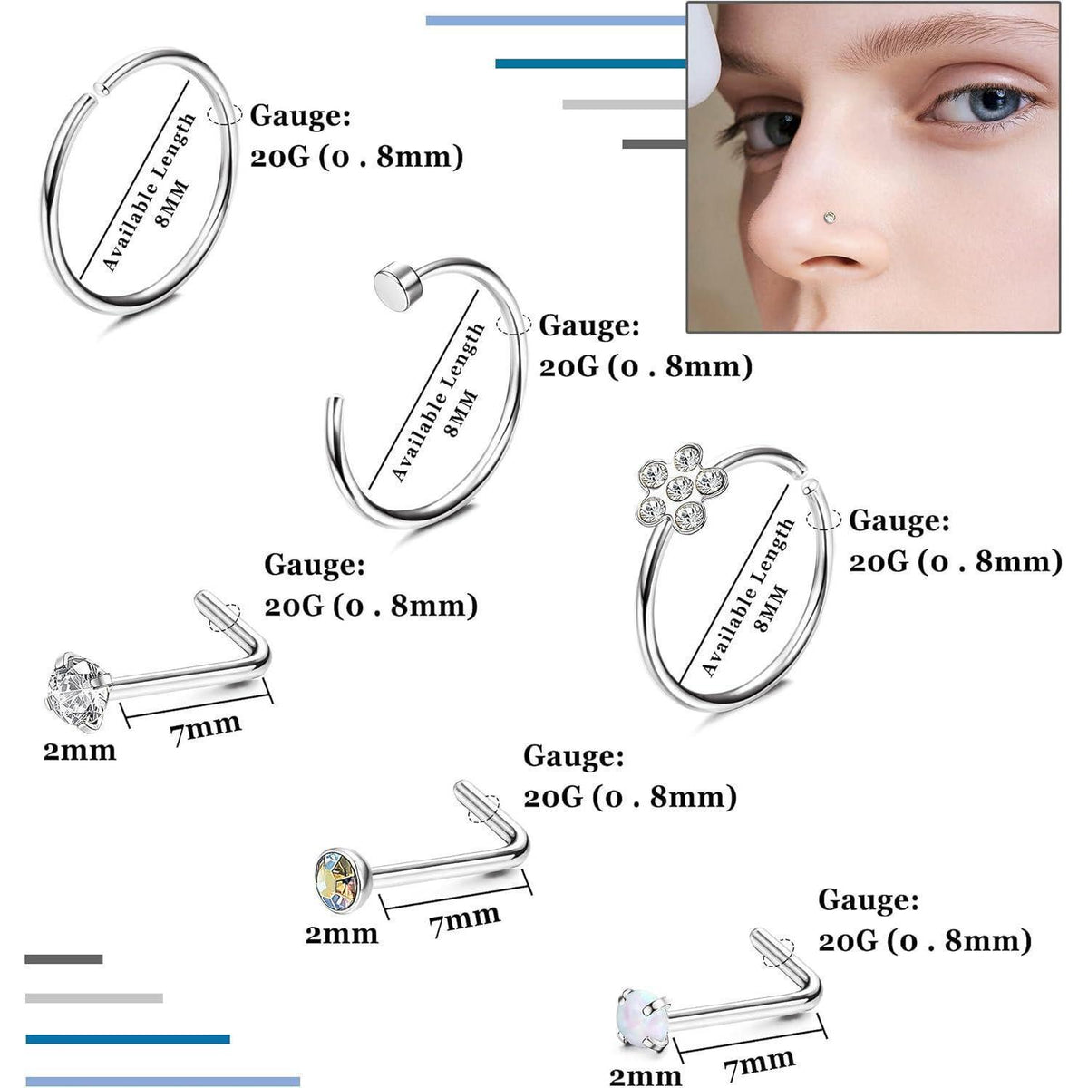 Nasenpiercing Set 26tlg. Chirurgenstahl mit Zirkonia, Schmetterling, Schlange, Gold & Silber