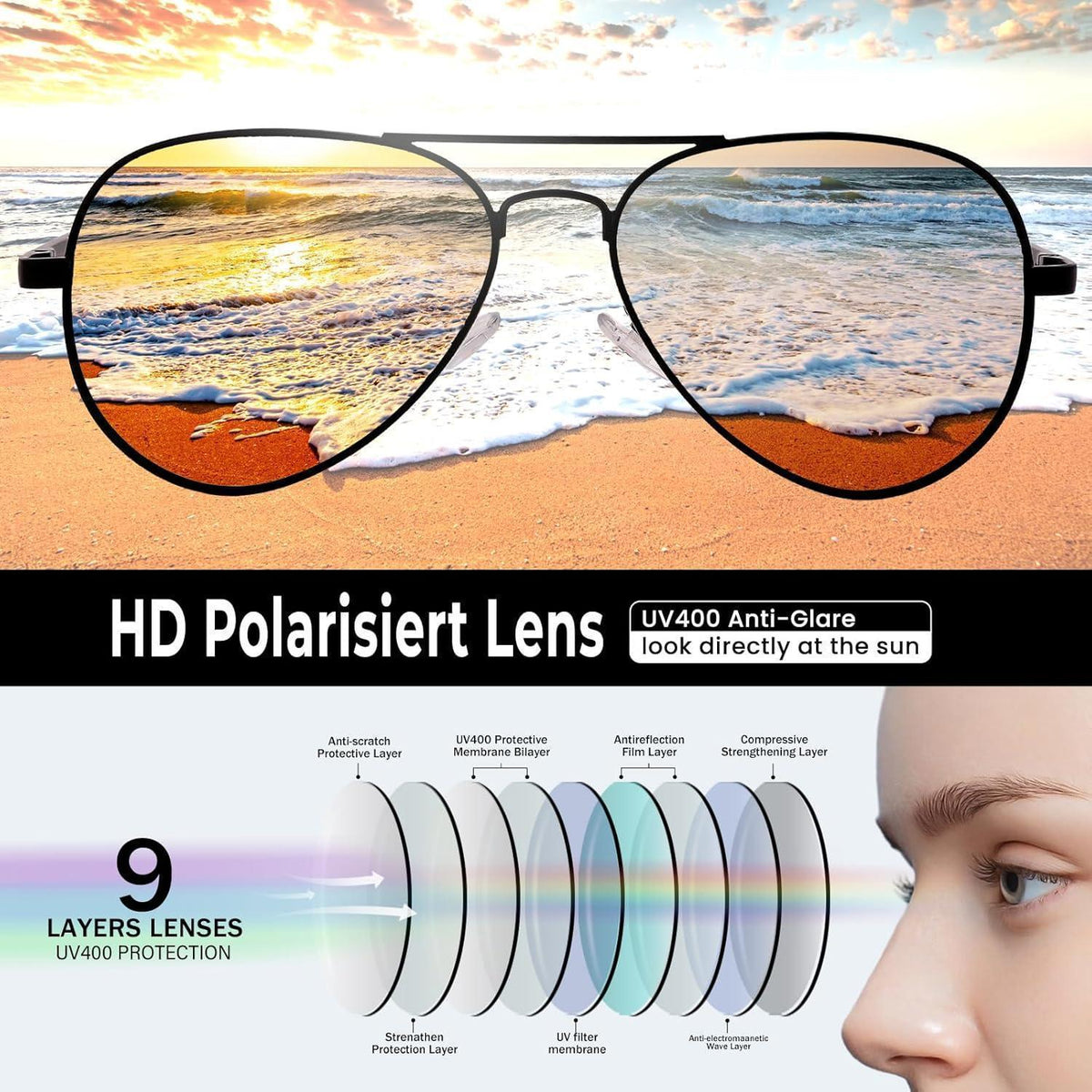 Pilotenbrille polarisiert mit UV400 Schutz – Gold / Grau