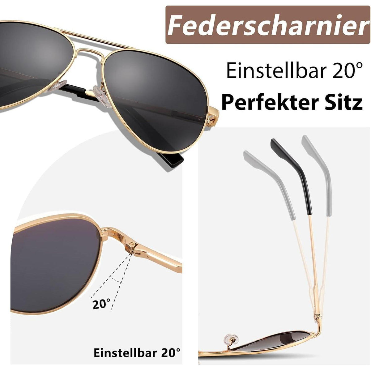 Pilotenbrille polarisiert mit UV400 Schutz – Gold / Grau